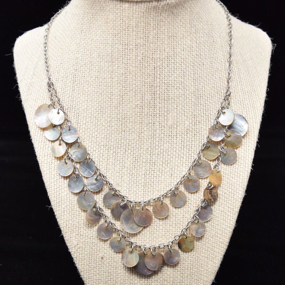 Reversible Double Layer Shell Round Disc Necklace Abalone Silvertone